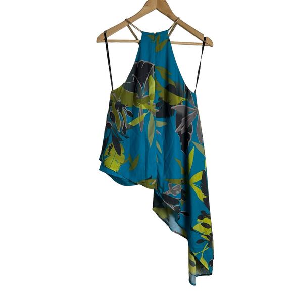 Marciano Blue Tropical Floral Print Halter Gold Chain Asymmetric Top Size Small - Picture 9 of 11